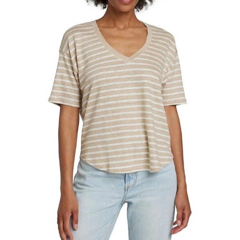 Faherty Oceanside Linen Stripe V-neck Top M